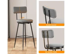 2 sillas de bar grises con respaldo, estilo industrial, altura del asiento de 65 cm, piel sintética