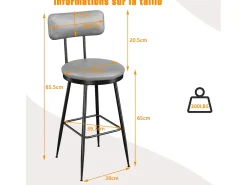 2 sillas de bar grises con respaldo, estilo industrial, altura del asiento de 65 cm, piel sintética