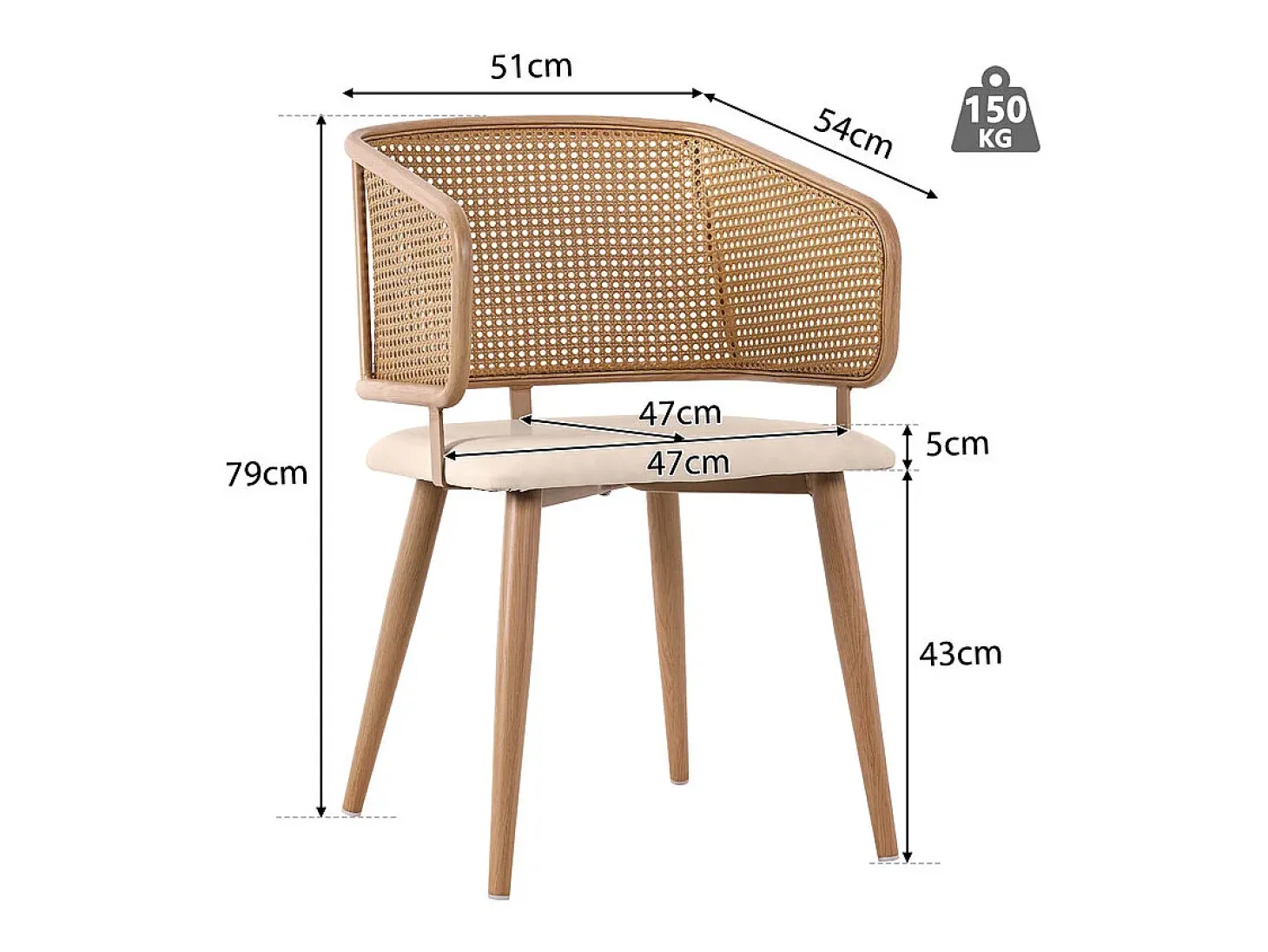6 sillas en piel PU - Respaldo en ratán y patas metálicas - Carga máx. 150 kg - 47x51x79 cm