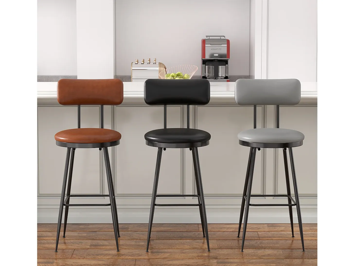 2 sillas negras de mostrador con respaldo, de piel sintética, altura del asiento de 65 cm, para cocina