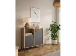 Aparador - A88cm x L90cm x P33cm nogal claro puertas grafito - Dover