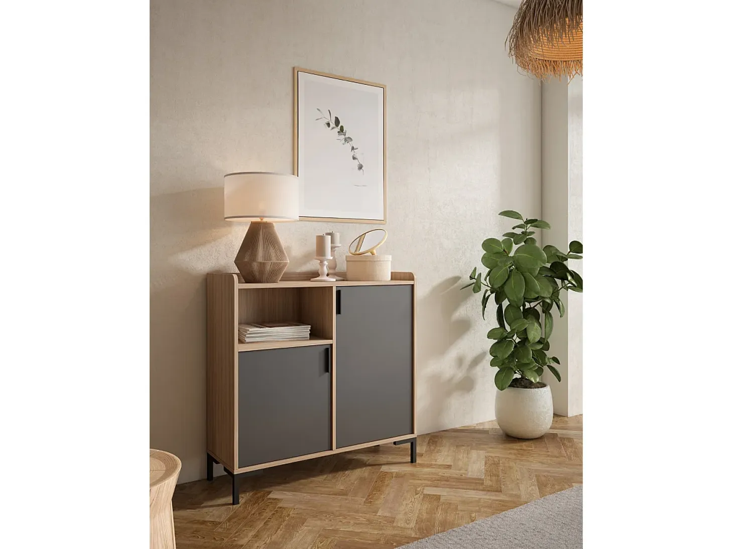 Aparador - A88cm x L90cm x P33cm nogal claro puertas grafito - Dover