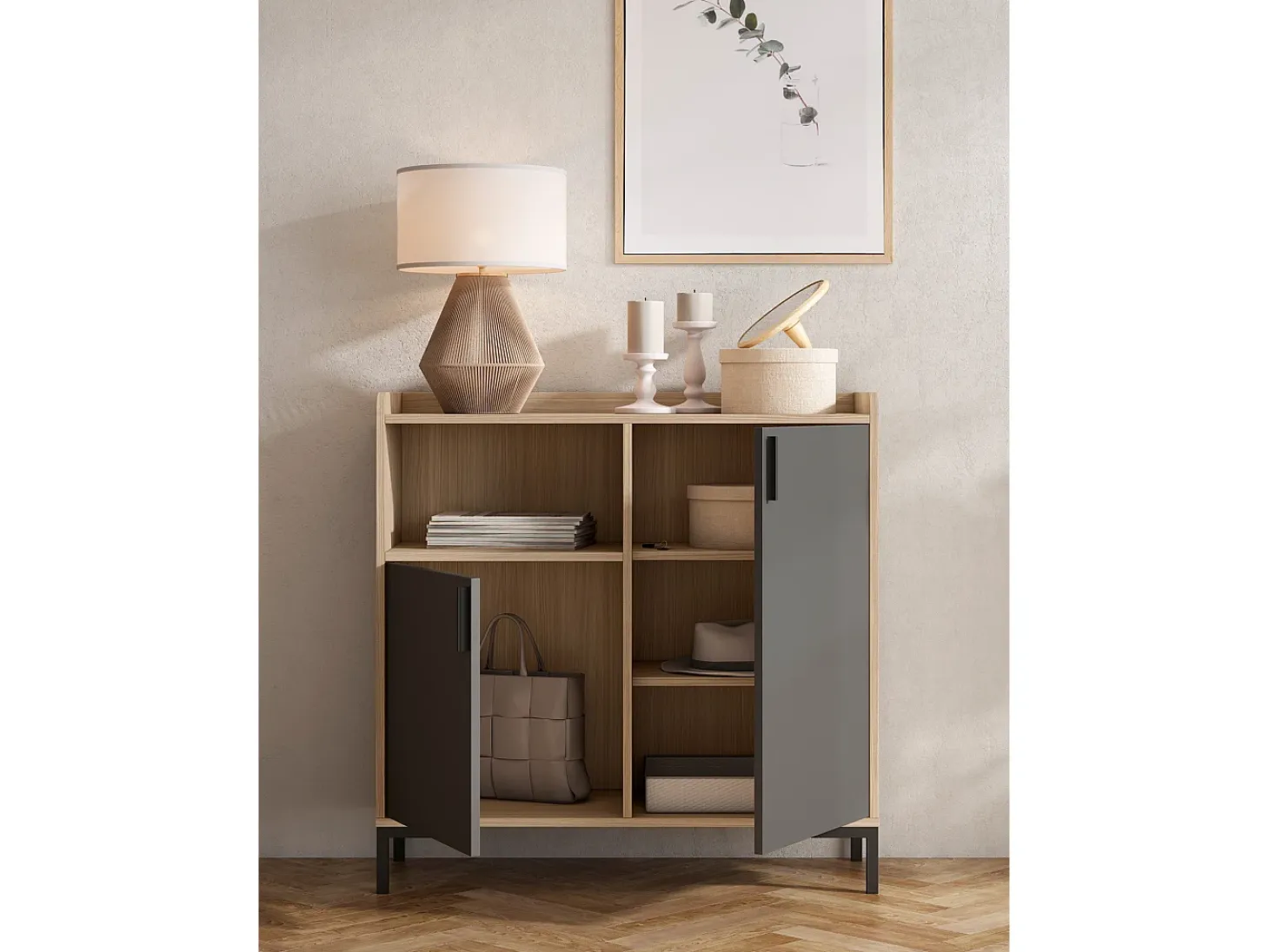 Aparador - A88cm x L90cm x P33cm nogal claro puertas grafito - Dover