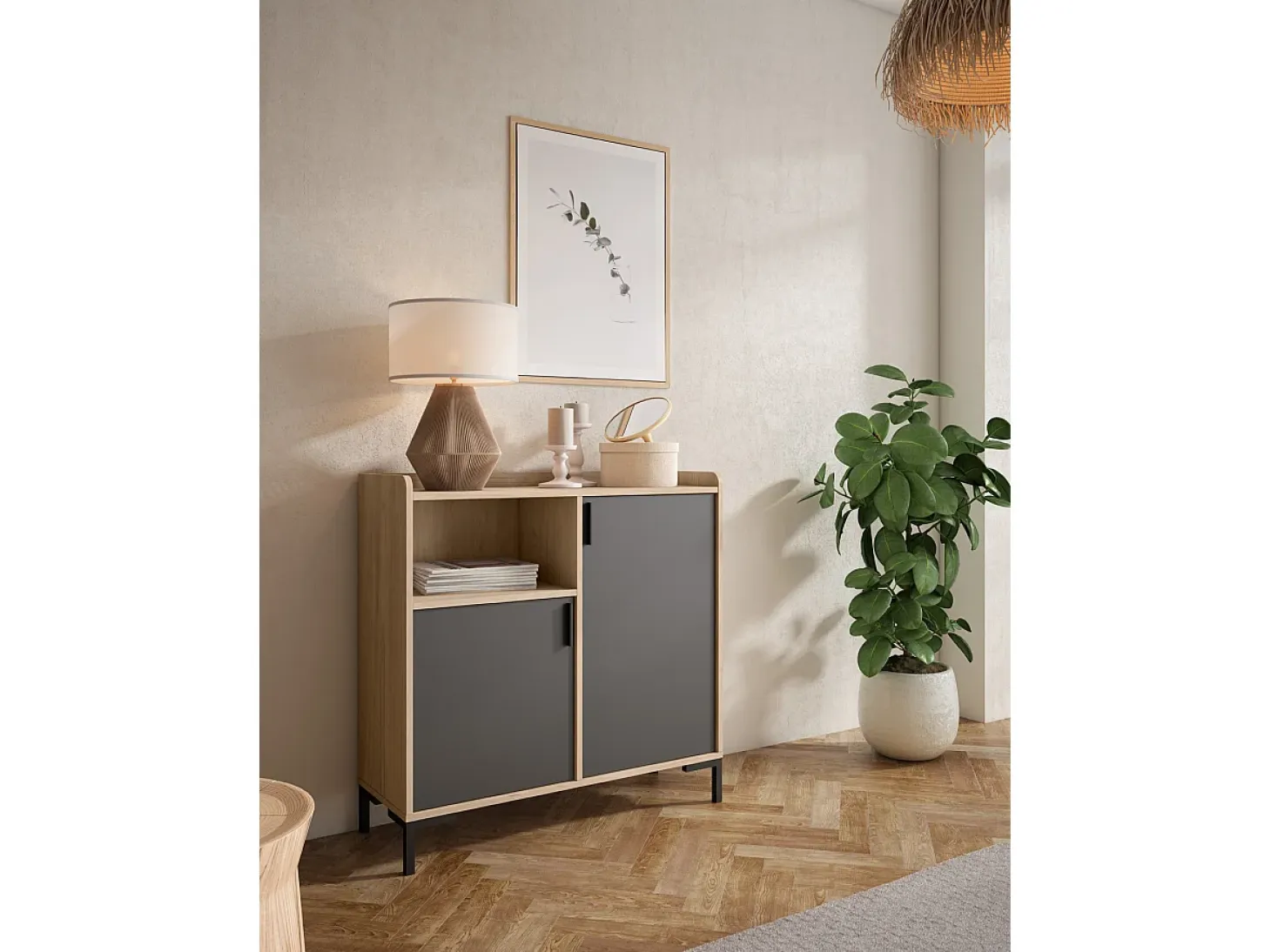 Aparador - A88cm x L90cm x P33cm roble claro puertas grafito - Dover