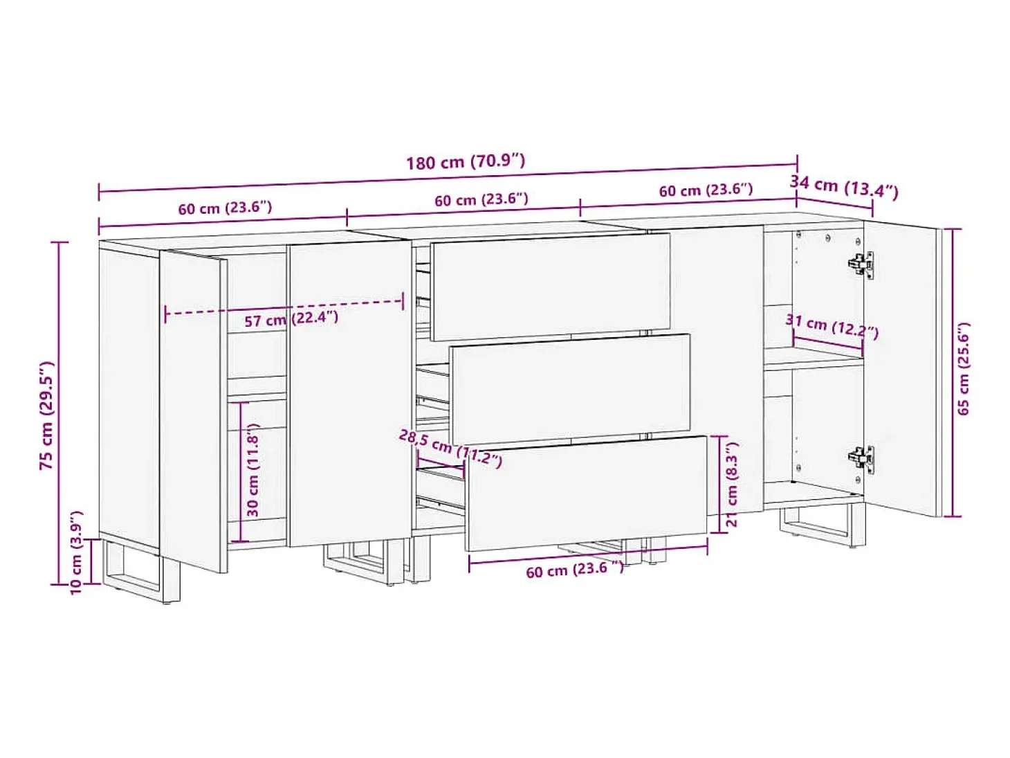 Aparador 3 piezas madera maciza acacia 60x34x75 cm