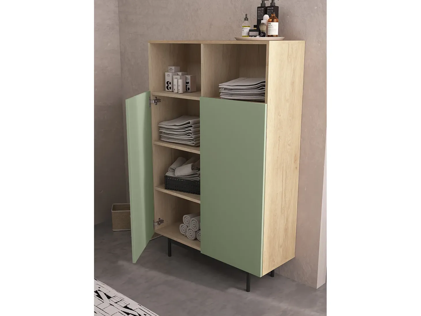 Aparador 2 puertas - A140cm x L90cm x F34cm - roble y verde - Printed