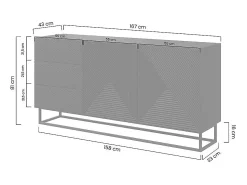 Aparador 2 puertas 3 cajones madera laminada blanca con pie de metal 167x43cm