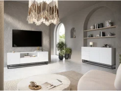Aparador 2 puertas 3 cajones madera laminada blanca con pie de metal 167x43cm