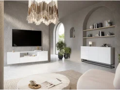Aparador 2 puertas 3 cajones madera laminada blanca con pie de metal 167x43cm