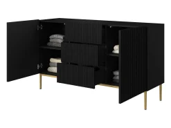 Aparador 2 puertas 3 cajones centrales negro con pie metal dorado 150x45 cm
