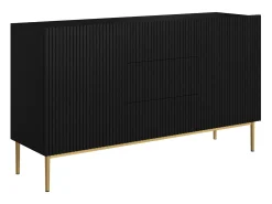 Aparador 2 puertas 3 cajones centrales negro con pie metal dorado 150x45 cm