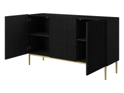 Aparador 2 puertas 3 cajones centrales negro con pie metal dorado 150x45 cm