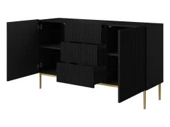 Aparador 2 puertas 3 cajones centrales negro con pie metal dorado 150x45 cm
