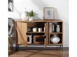 Aparador 2 puertas, 2 compartimentos abiertos efecto madera ranurada L110 cm - TARA