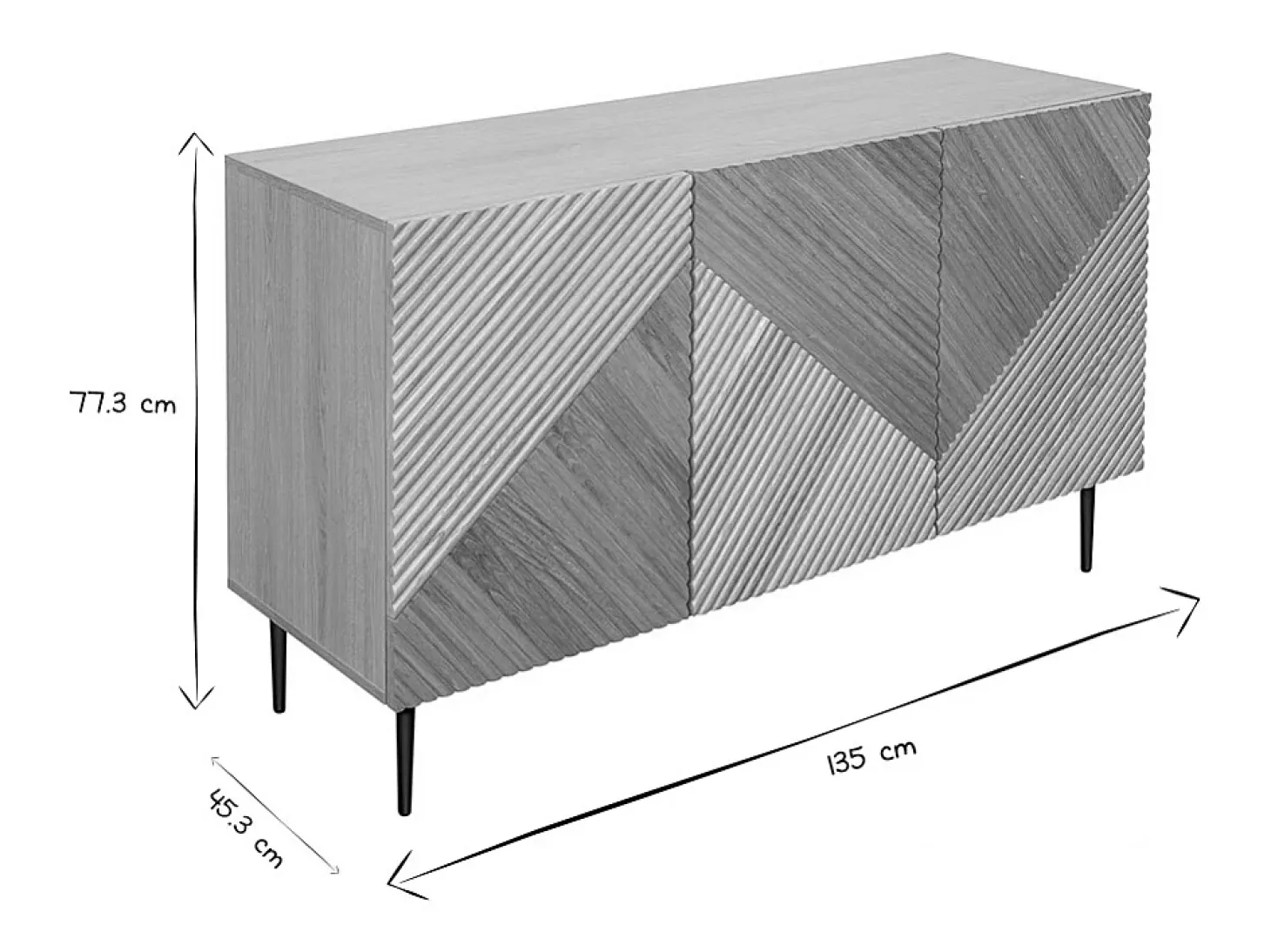 Aparador 3 puertas de madera clara de roble macizo y metal negro 135 cm ARCHIPEL