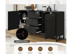 Aparador 2 puertas y 3 cajones con estantes regulables - diseño en espiga - Negro