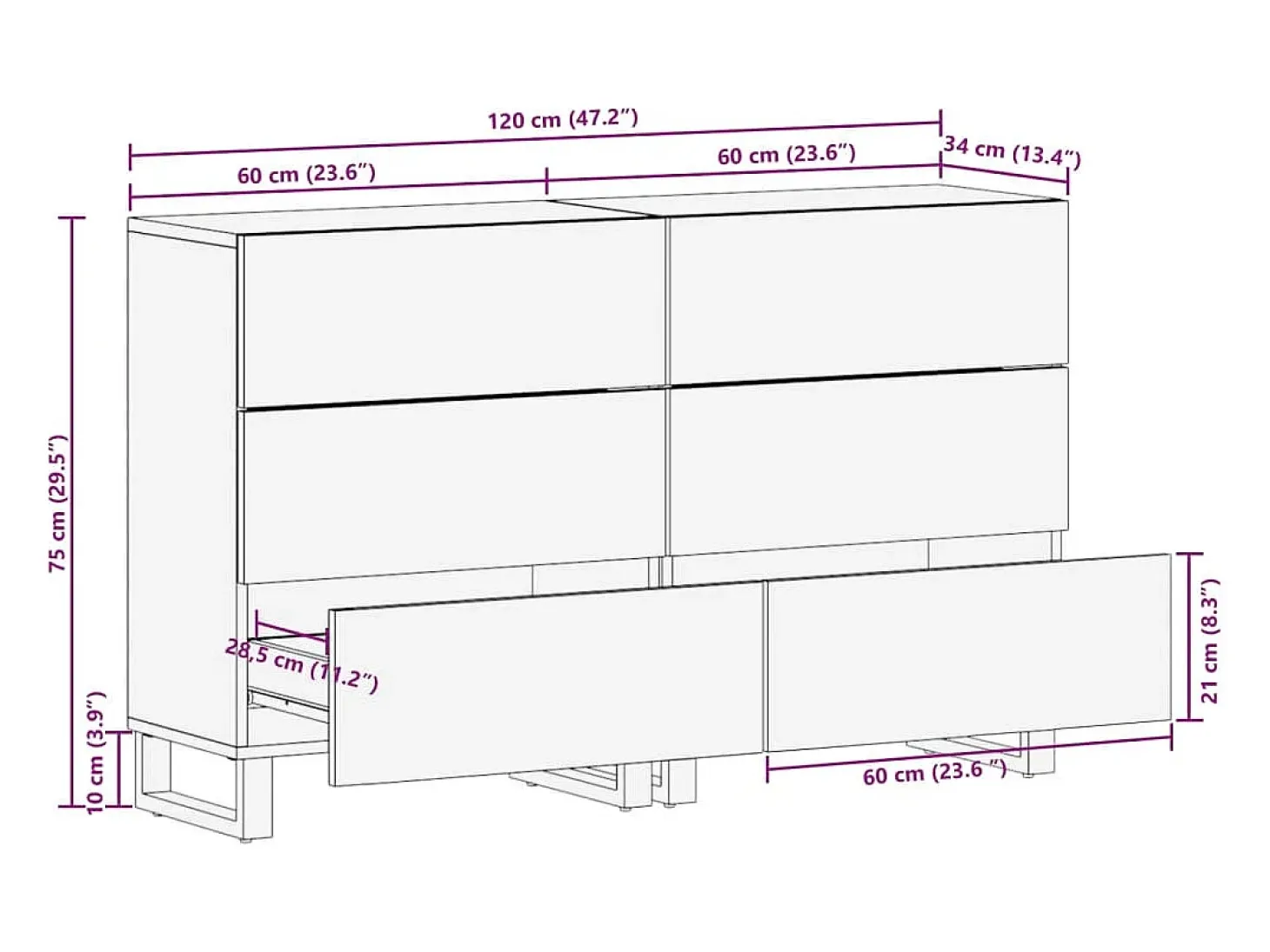 Aparador 2 pzas madera maciza de mango rugosa 60x34x75 cm
