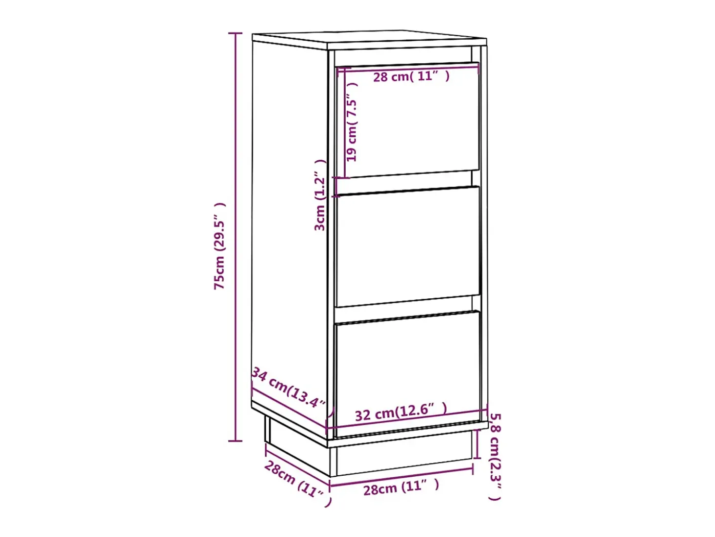 Aparador 2 uds madera maciza de pino 32x34x75 cm