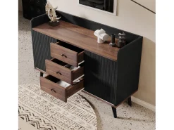 Aparador 117 x 40 x 80 cm - con 2 puertas negras y 3 cajones veteados en madera - patas de madera - para dormitorio y salón