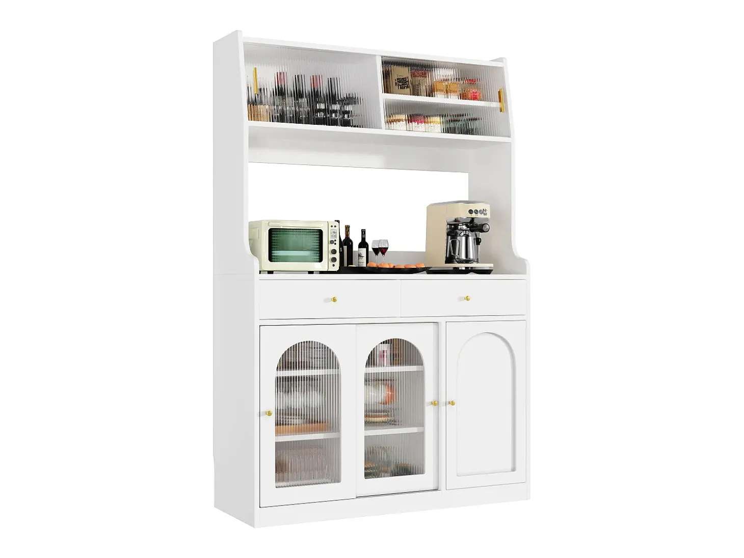 Aparador alto blanco - Aparador con 2 cajones y 5 puertas - estantes regulables e iluminación LED