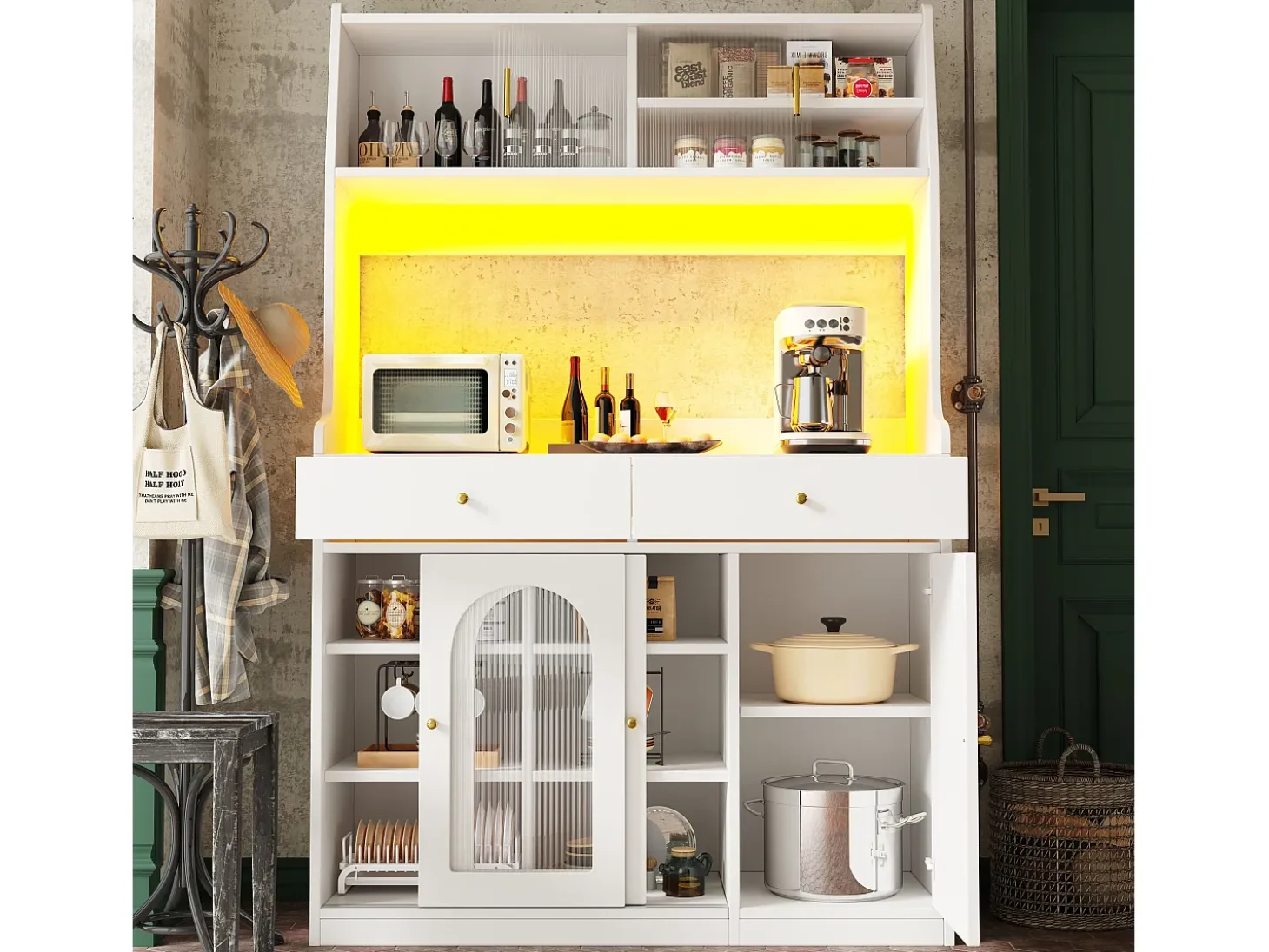 Aparador alto blanco - Aparador con 2 cajones y 5 puertas - estantes regulables e iluminación LED
