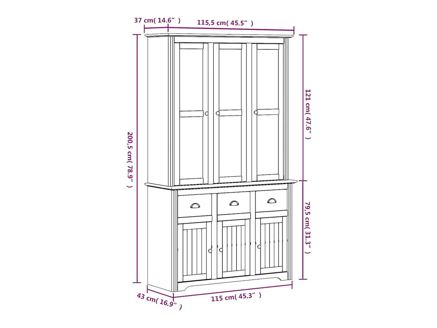 Aparador alto BODO madera maciza pino blanco 115,5x43x200,5 cm