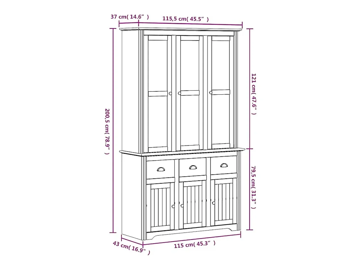 Aparador alto BODO madera maciza pino blanco 115,5x43x200,5 cm