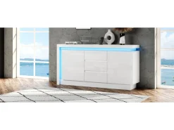 Aparador alto brillo - 140 x 35 x 72 cm - con 3 cajones + 2 puertas + LED + estantes regulables - aglomerado - blanco