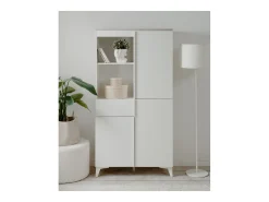 Aparador alto con 3 puertas, 3 estantes, 1 cajón y 2 huecos, acabado travertino y blanco, 88 cm - BERTRIX