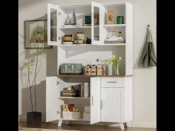 Aparador alto con 5 puertas, 1 cajón y compartimentos abiertos - 114 x 40 x 190 cm - Tablero de partículas - Blanco