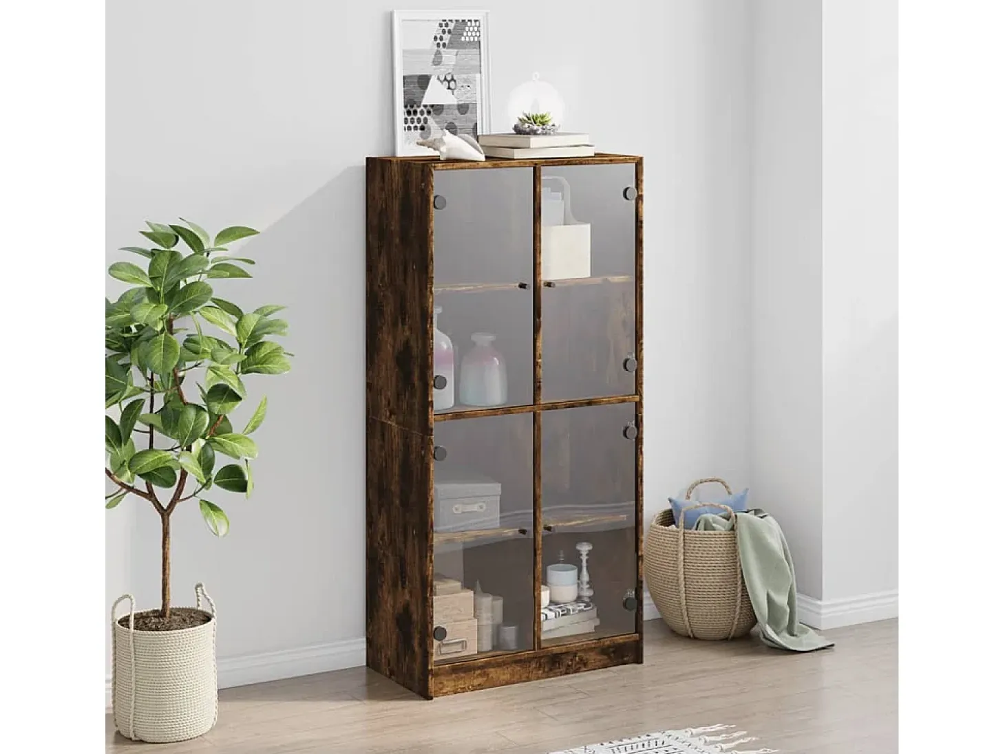 Aparador alto con puertas madera roble ahumado 68x37x142 cm ES294616