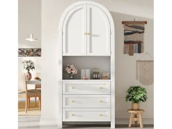 Aparador alto con puertas y cajones, estantes arqueados abiertos, blanco, mueble para cocina o salón