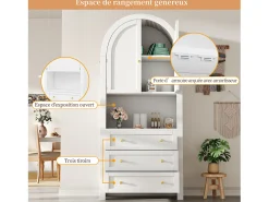 Aparador alto con puertas y cajones, estantes arqueados abiertos, blanco, mueble para cocina o salón