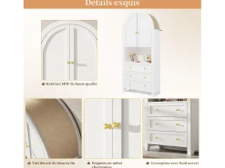 Aparador alto con puertas y cajones, estantes arqueados abiertos, blanco, mueble para cocina o salón