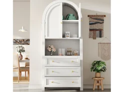 Aparador alto de almacenaje - 70 x 35 x 180 cm - arqueado con 3 cajones y 2 puertas - MDF - blanco