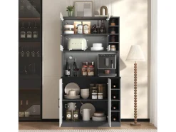 Aparador alto de cocina - 100 x 47 x 187 cm - con luces LED + 4 puertas + estantes ajustables - MDF + Acrílico - blanco