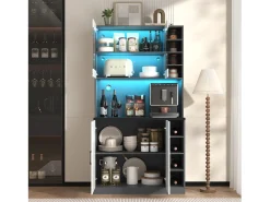 Aparador alto de cocina - 100 x 47 x 187 cm - con luces LED + 4 puertas + estantes ajustables - MDF + Acrílico - blanco