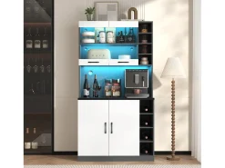 Aparador alto de cocina - 100 x 47 x 187 cm - con luces LED + 4 puertas + estantes ajustables - MDF + Acrílico - blanco