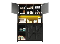 Aparador alto de cocina - 115 x 40 x 174,7 cm - con puertas correderas + cajones + LED - MDF + metal - negro