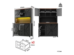 Aparador alto de cocina - 115 x 40 x 174,7 cm - con puertas correderas + cajones + LED - MDF + metal - negro