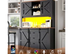 Aparador alto de cocina - 115 x 40 x 174,7 cm - con puertas correderas + cajones + LED - MDF + metal - negro