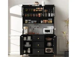 Aparador alto de cocina - 140 x 40 x 190 cm - con 3 cajones + 5 puertas + estantes - MDF - negro