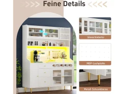 Aparador alto de cocina - 145 x 39 x 171 cm - con LEDs + botellero + puertas de cristal + 3 cajones - cristal + MDF - blanco