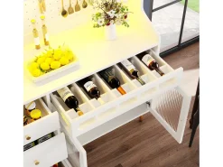 Aparador alto de cocina - 145 x 39 x 171 cm - con LEDs + botellero + puertas de cristal + 3 cajones - cristal + MDF - blanco