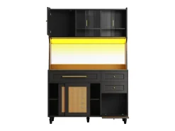 Aparador alto de cocina - 120 x 45 x 195,5 cm - con estantes regulables + 3 cajones + 3 puertas + LED - MDF + ratán PE - negro