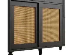 Aparador alto de cocina - 120 x 45 x 195,5 cm - con estantes regulables + 3 cajones + 3 puertas + LED - MDF + ratán PE - negro