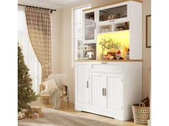 Aparador alto de cocina - 104 x 40 x 180 cm - con LEDs + 4 puertas + 1 cajón + estante - MDF + metal - blanco