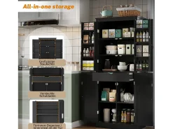 Aparador alto de cocina - 182 x 40 x 75 cm - con 4 puertas + compartimentos de almacenaje + cajón - MDF - negro