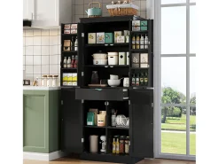 Aparador alto de cocina - 182 x 40 x 75 cm - con 4 puertas + compartimentos de almacenaje + cajón - MDF - negro