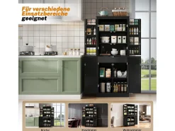 Aparador alto de cocina - 182 x 40 x 75 cm - con 4 puertas + compartimentos de almacenaje + cajón - MDF - negro